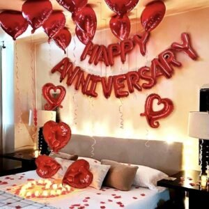 Romantic Red 16_ _Happy anniversary_ balloon, 14x Red Heart Balloons, Romantic Balloon Party Anniversary Decoration Bundle